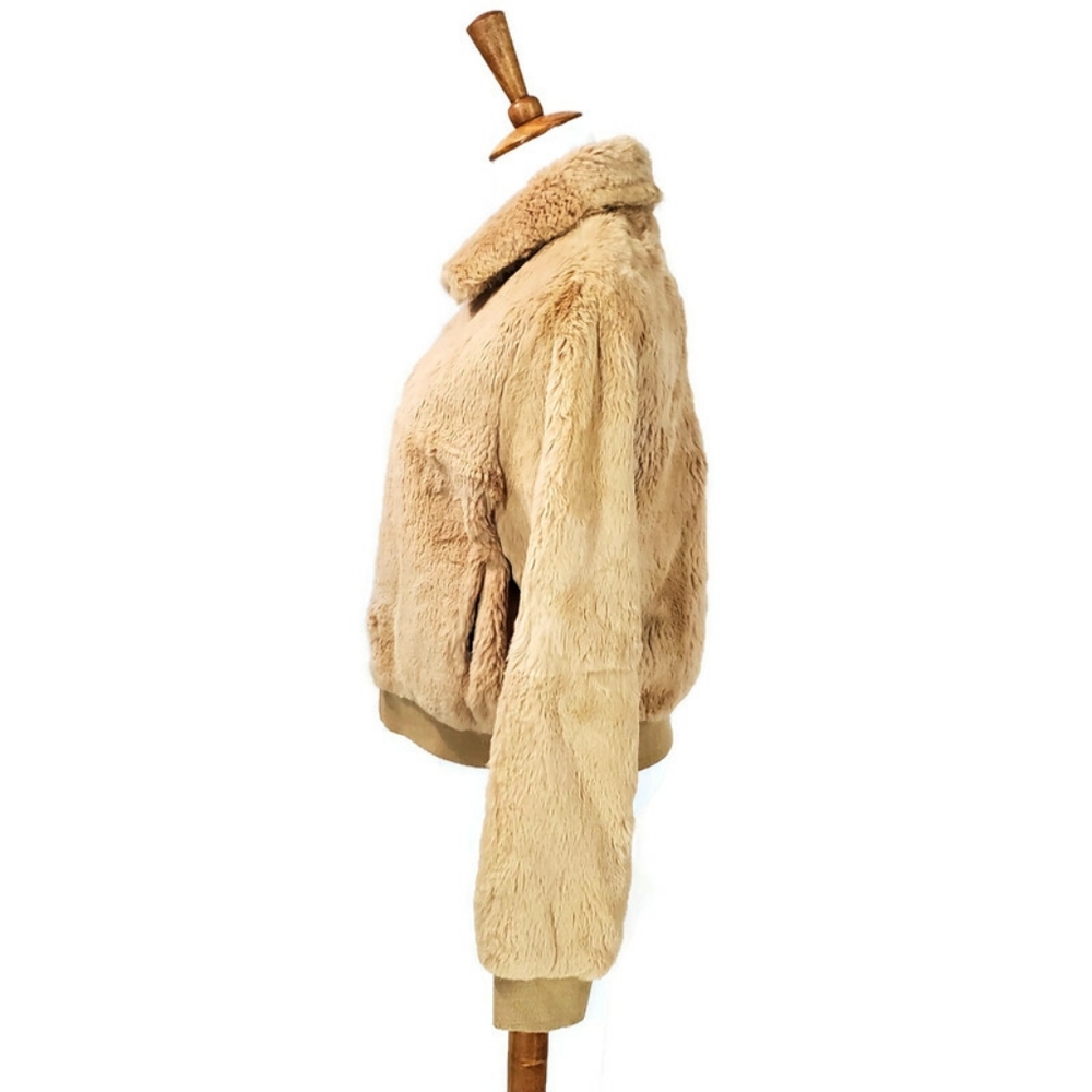 Cynthia Cynthia Steffe Tan 100% Rabbit Fur Leather Y2K Bomber Jacket Soft Size S - Picture 3 of 15
